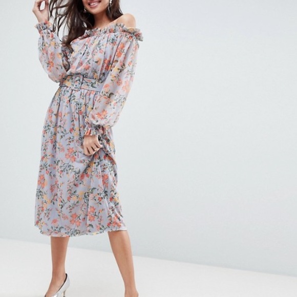 ASOS Dresses & Skirts - ASOS Bardot Floral Printed Mesh Midi Dress w Belt